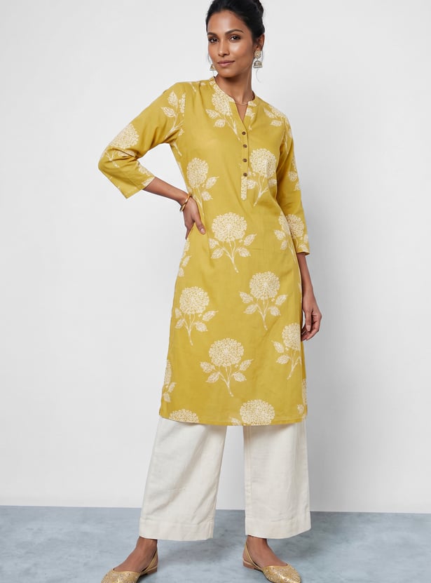 MELANGE Floral Print Band Collar 3/4th Sleeves Straight Kurta