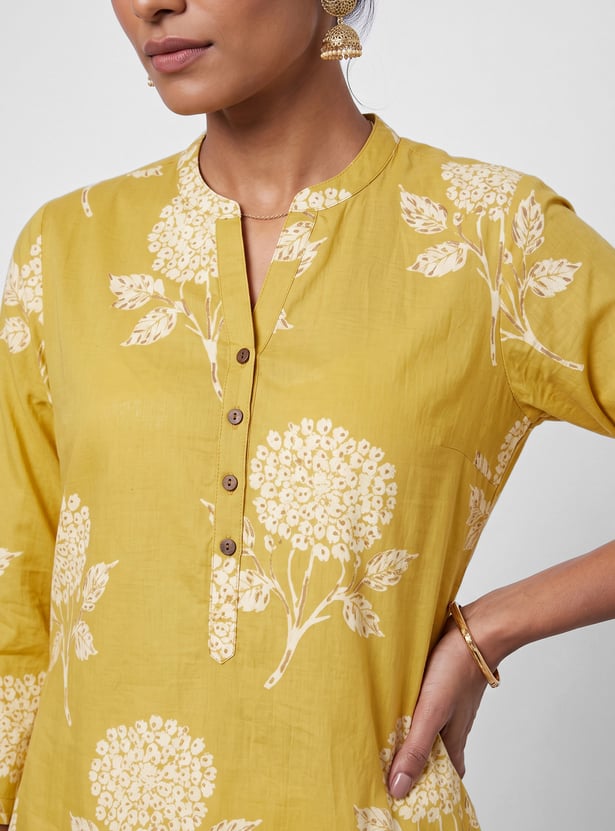MELANGE Floral Print Band Collar 3/4th Sleeves Straight Kurta
