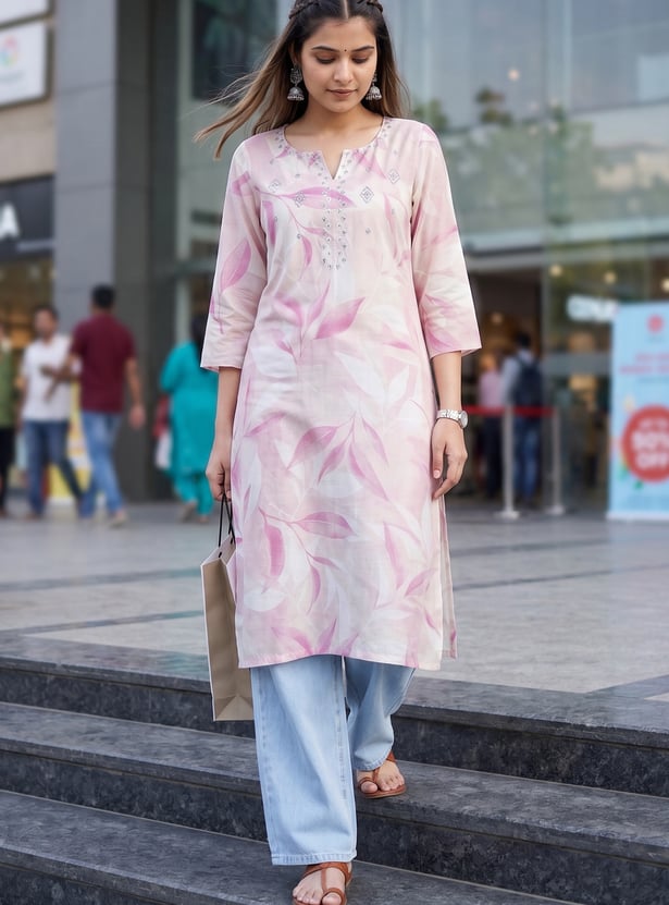 MELANGE Floral Print Notched Neck 3/4th Sleeves Straight Kurta