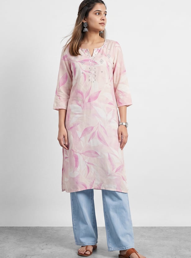 MELANGE Floral Print Notched Neck 3/4th Sleeves Straight Kurta