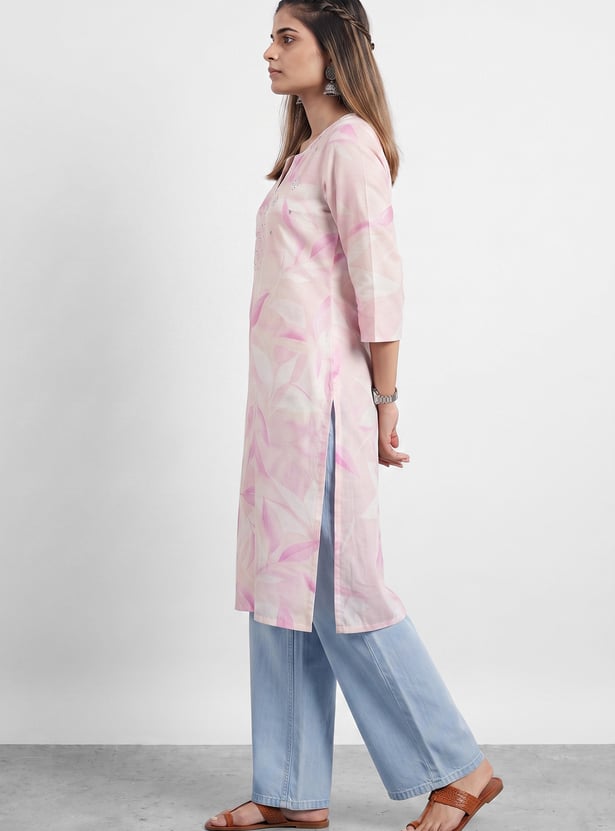 MELANGE Floral Print Notched Neck 3/4th Sleeves Straight Kurta