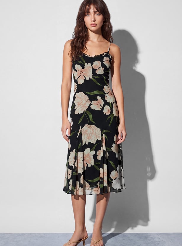 GINGER Floral Print Spaghetti Midi Dress