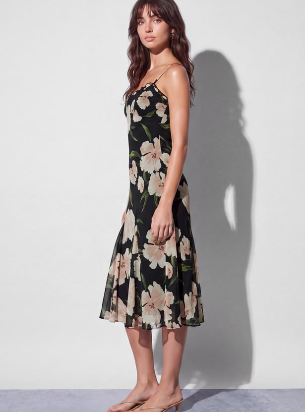GINGER Floral Print Spaghetti Midi Dress
