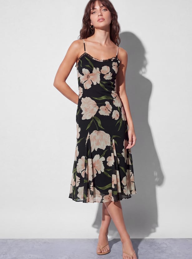 GINGER Floral Print Spaghetti Midi Dress