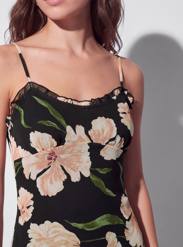 GINGER Floral Print Spaghetti Midi Dress