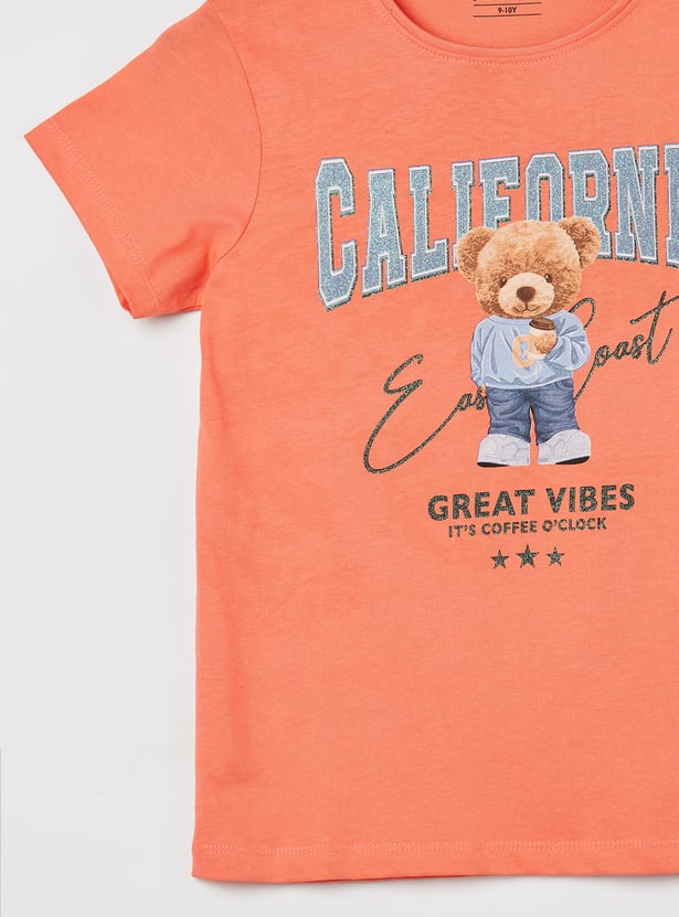 FAME FOREVER Girls Bear Graphic Print T-shirt