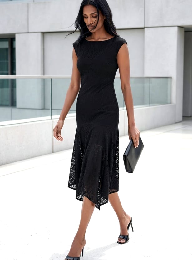 CODE Lace Design Flared Midi Dress