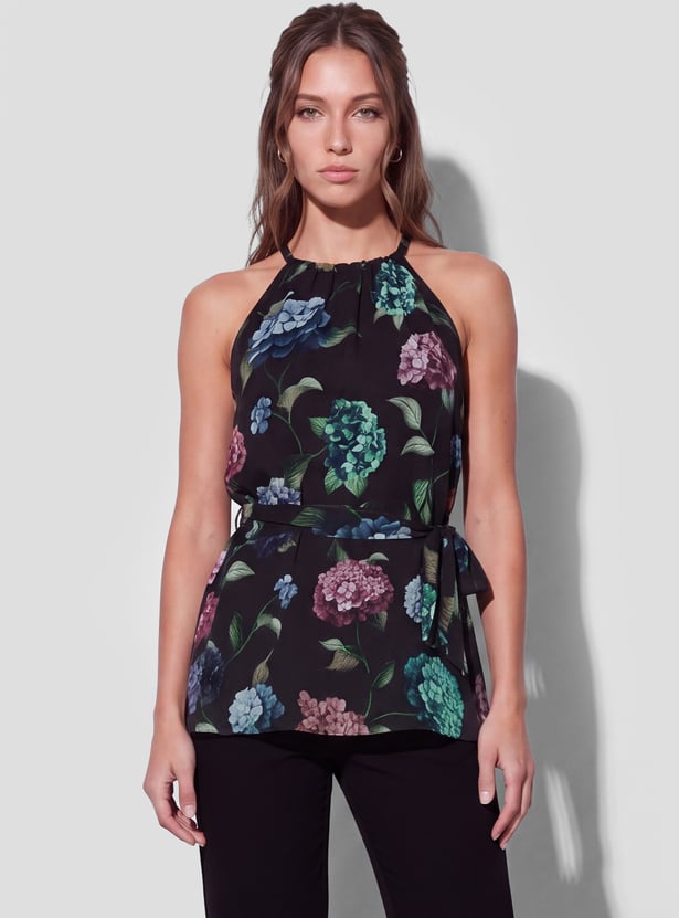 CODE Floral Print Halter Neck Tie-Up Top