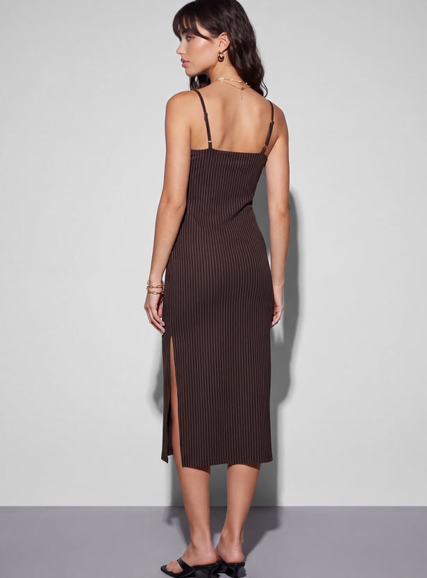 GINGER Striped Spaghetti Neck Midi Dress