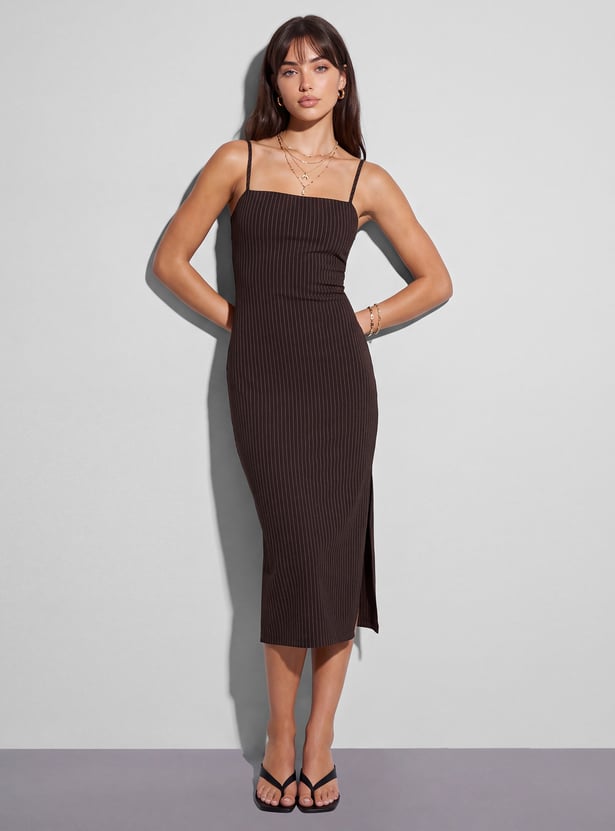 GINGER Striped Spaghetti Neck Midi Dress