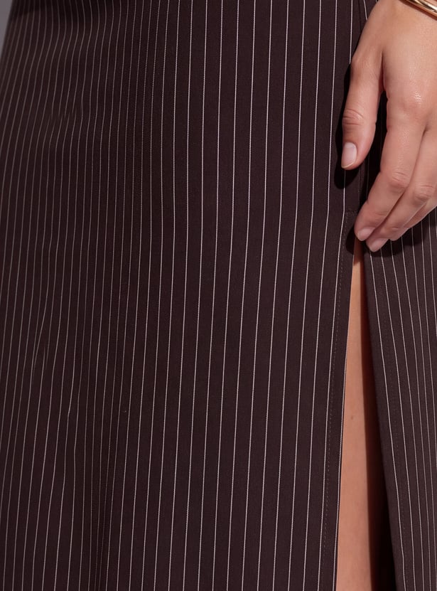 GINGER Striped Spaghetti Neck Midi Dress