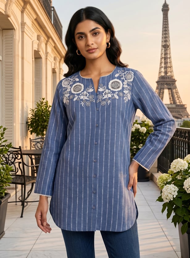 W Embroidered Striped Top
