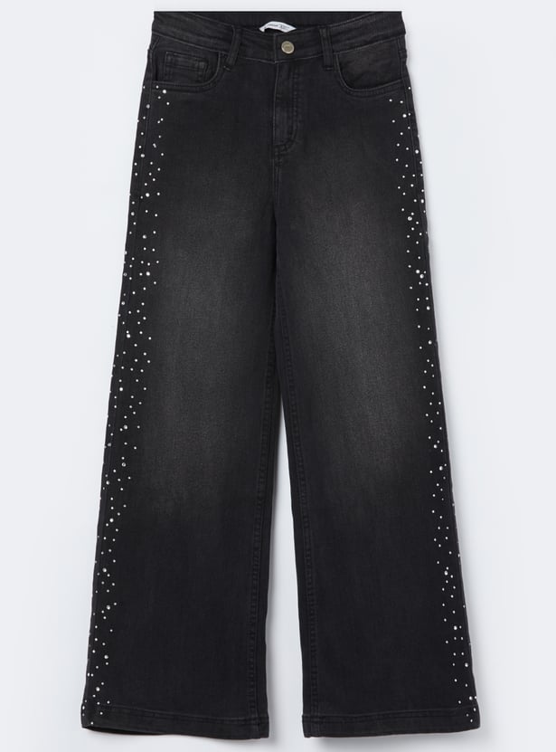 FAME FOREVER Girls Embellished Wide-Leg Jeans