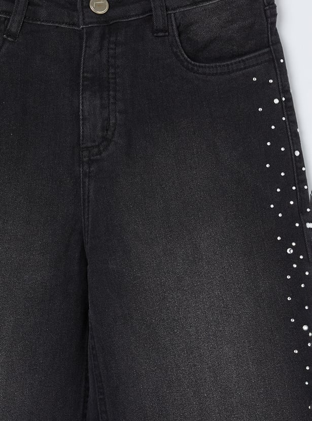 FAME FOREVER Girls Embellished Wide-Leg Jeans