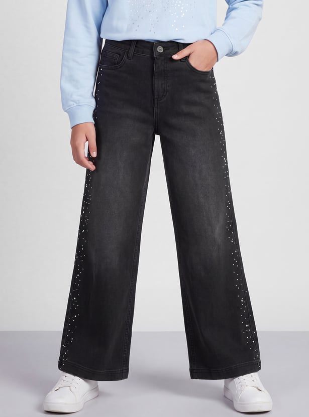 FAME FOREVER Girls Embellished Wide-Leg Jeans