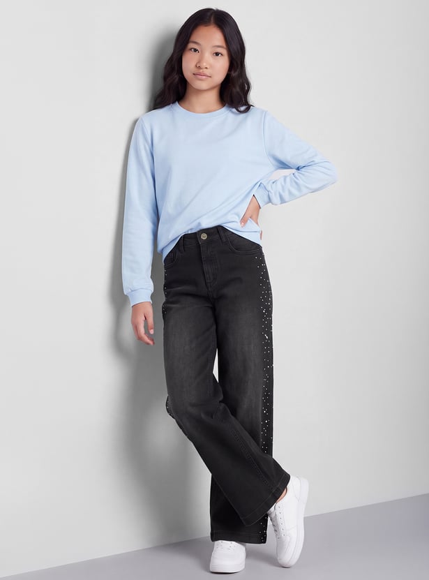 FAME FOREVER Girls Embellished Wide-Leg Jeans