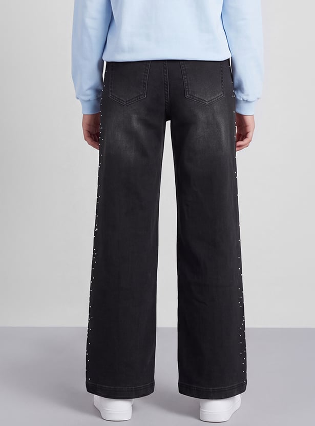 FAME FOREVER Girls Embellished Wide-Leg Jeans