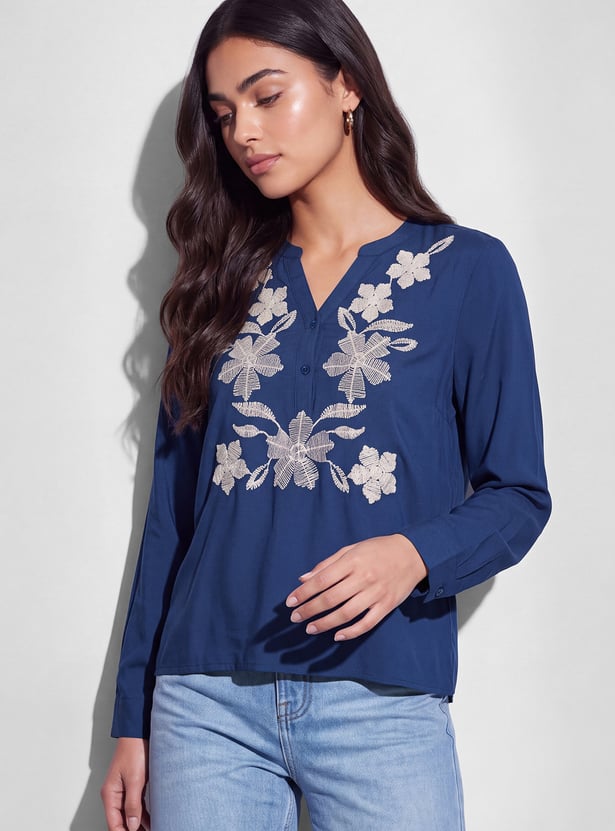 FAME FOREVER Embroidered V-Neck Full Sleeves Top