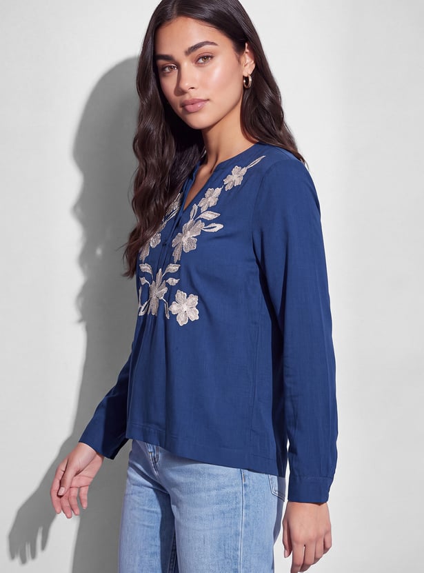 FAME FOREVER Embroidered V-Neck Full Sleeves Top