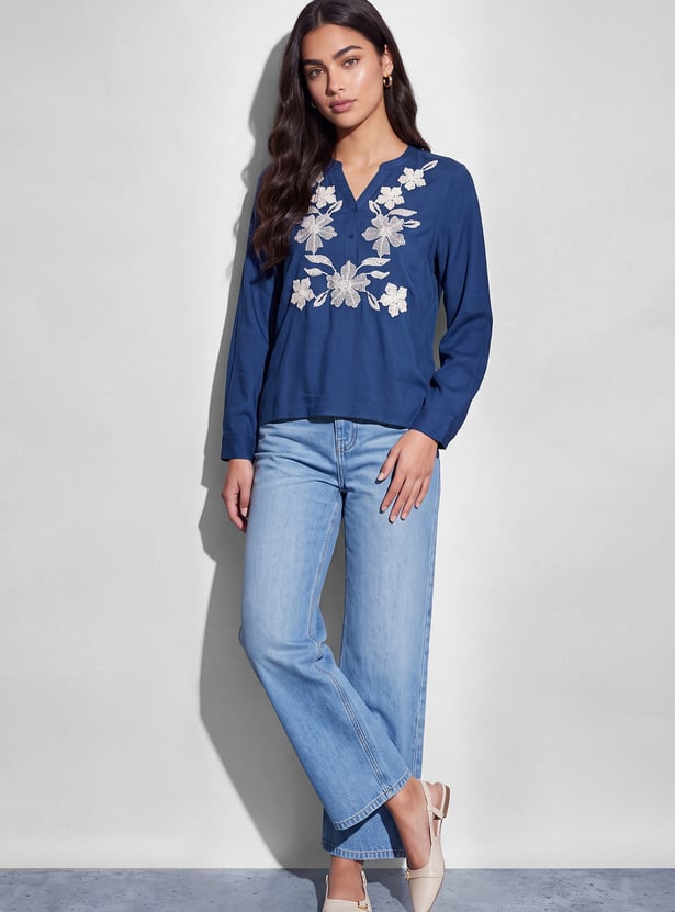 FAME FOREVER Embroidered V-Neck Full Sleeves Top