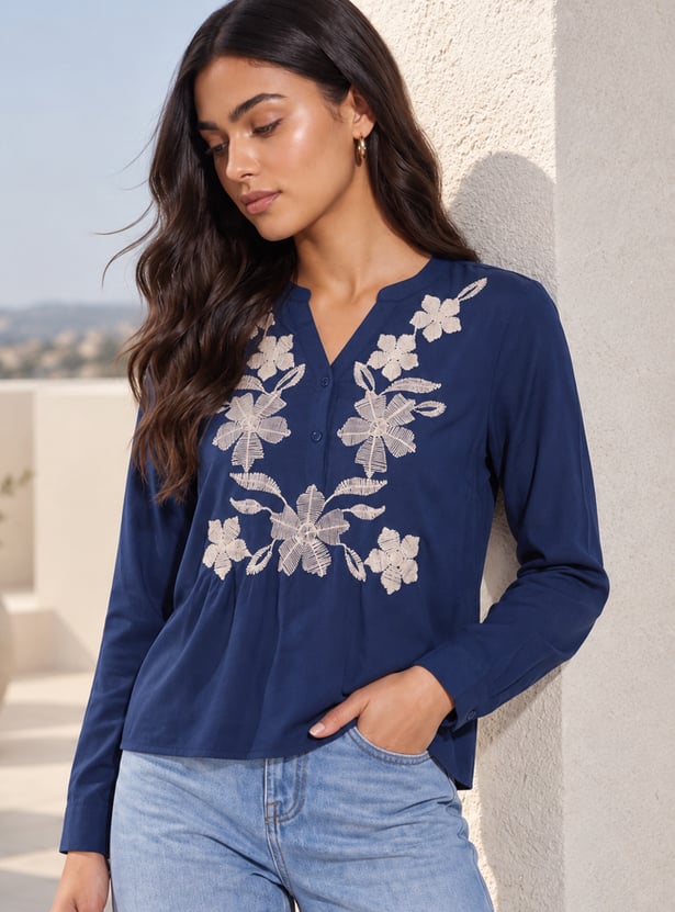 FAME FOREVER Embroidered V-Neck Full Sleeves Top
