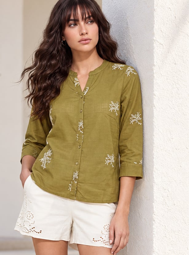 FAME FOREVER Embroidered Three-quarter Sleeves Top