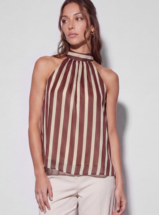 CODE Striped Halter Neck Tie-Up Top
