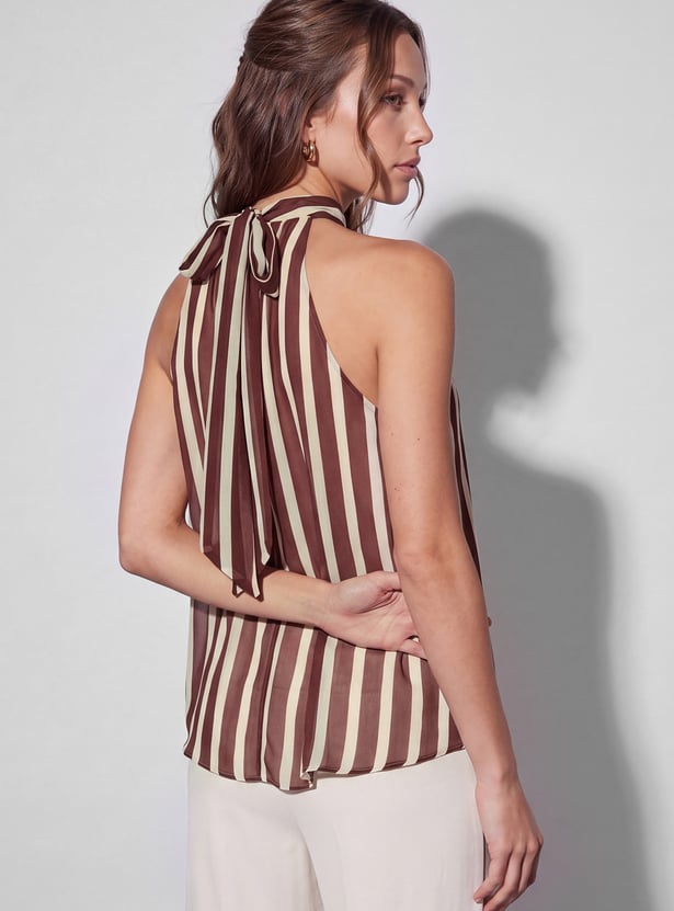 CODE Striped Halter Neck Tie-Up Top