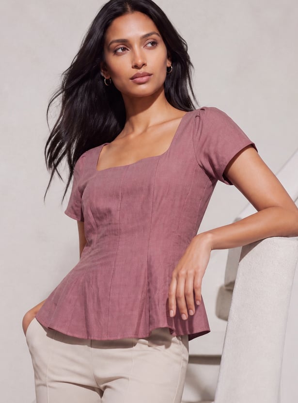 CODE Solid Square Neck Zipped Top