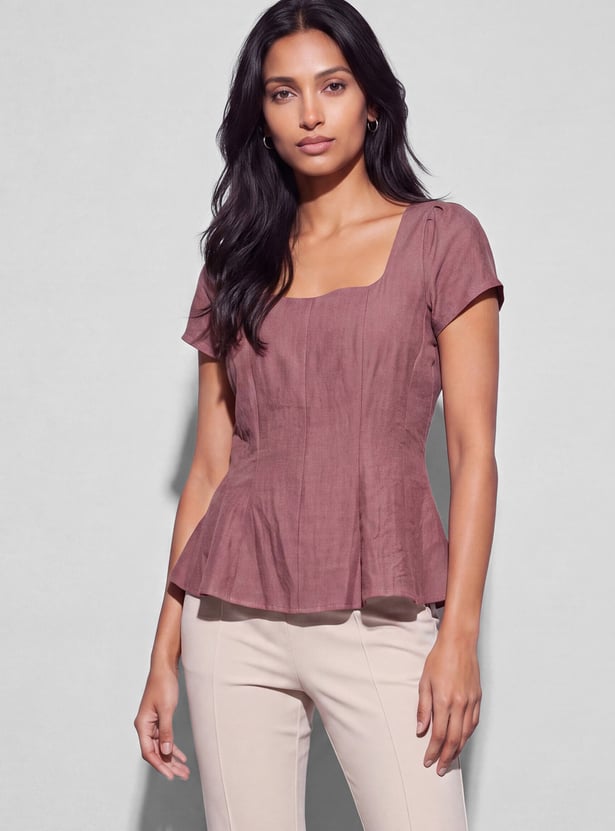 CODE Solid Square Neck Zipped Top