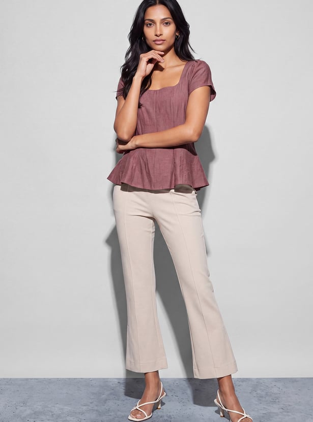 CODE Solid Square Neck Zipped Top