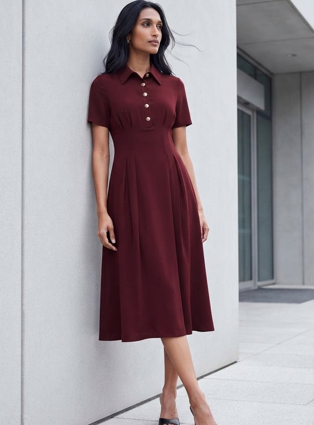 CODE Solid Button Detail Midi Dress