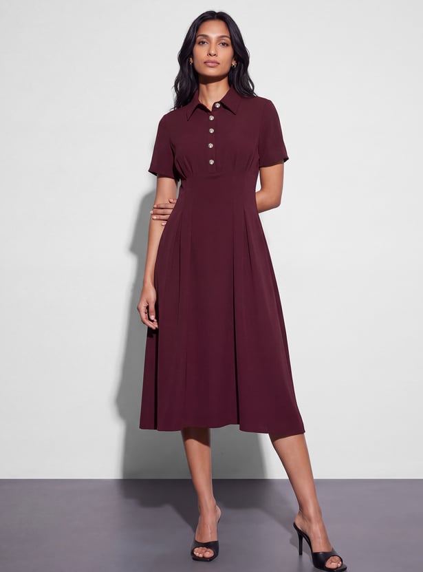 CODE Solid Button Detail Midi Dress
