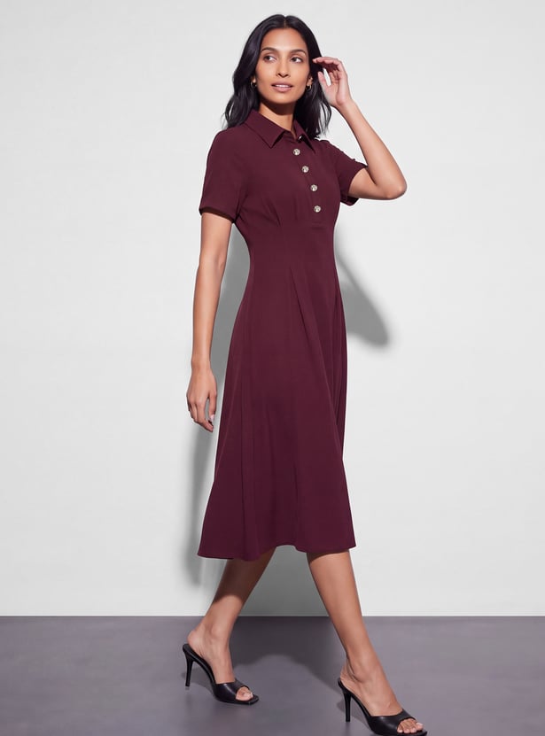 CODE Solid Button Detail Midi Dress