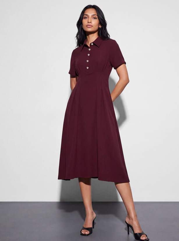 CODE Solid Button Detail Midi Dress