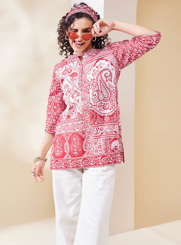 BIBA Paisley Print Straight Key-hole Neck Kurta