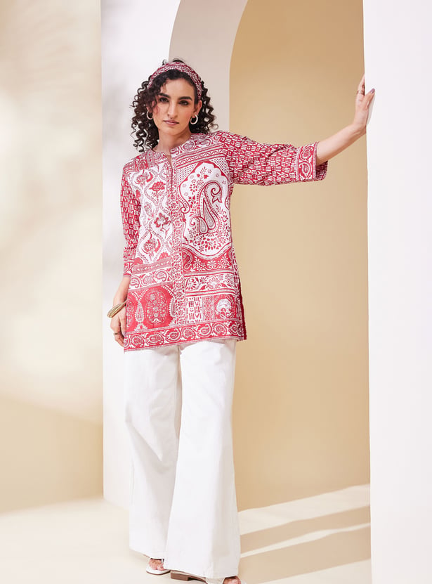 BIBA Paisley Print Straight Key-hole Neck Kurta