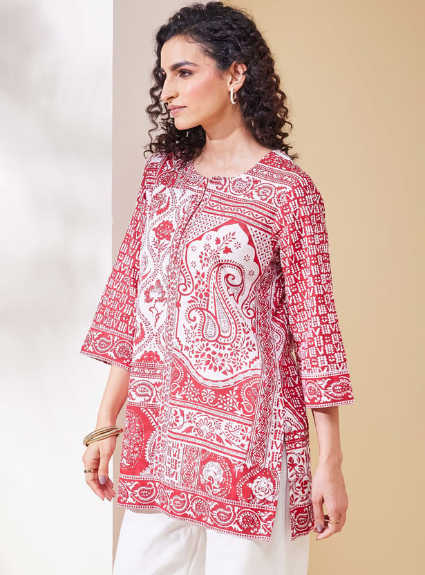 BIBA Paisley Print Straight Key-hole Neck Kurta