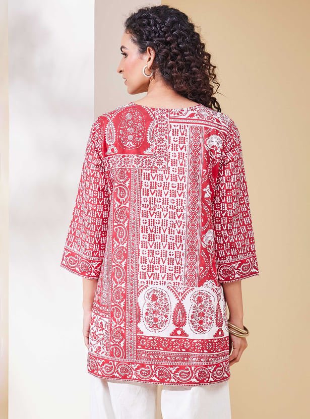 BIBA Paisley Print Straight Key-hole Neck Kurta