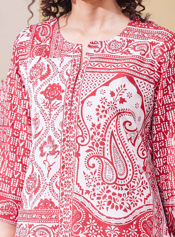BIBA Paisley Print Straight Key-hole Neck Kurta