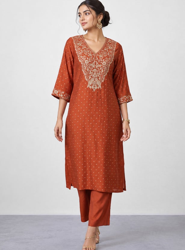 MELANGE Embroidered Straight Kurta Set