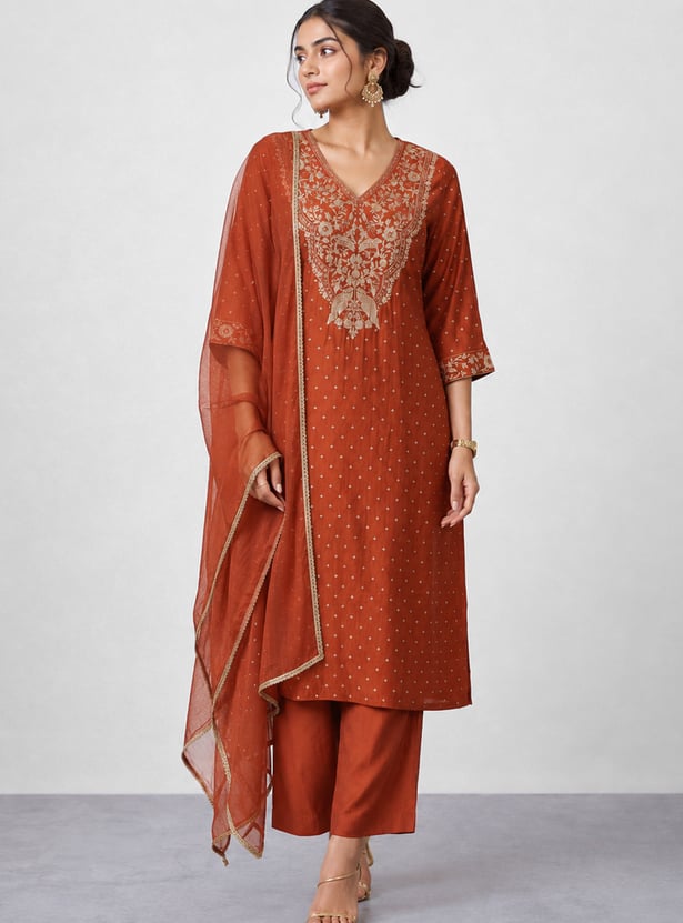 MELANGE Embroidered Straight Kurta Set