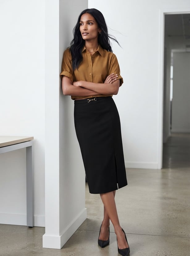 CODE CLASSIC Solid Midi Straight Skirt