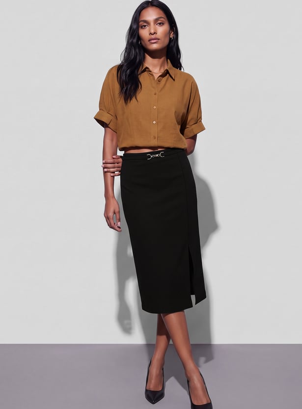 CODE CLASSIC Solid Midi Straight Skirt