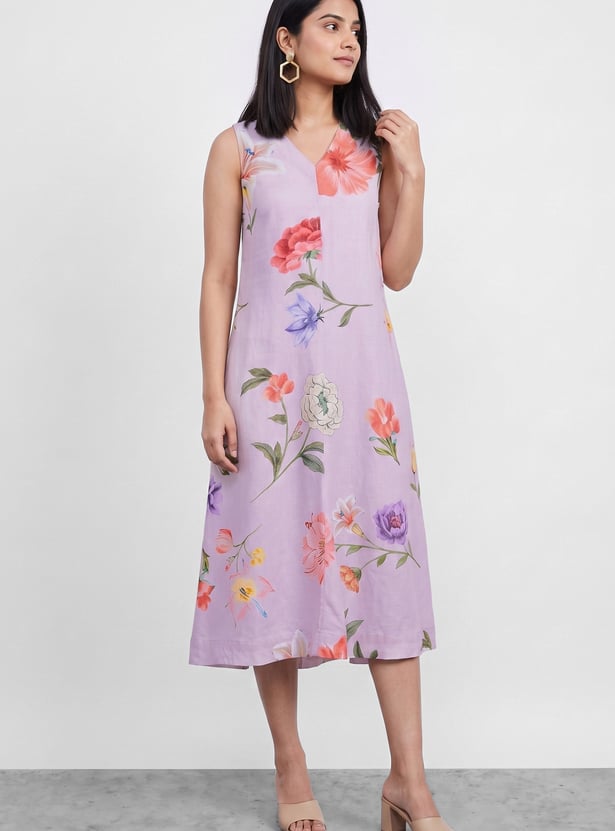 MELANGE Floral Print V-Neck Midi Dress