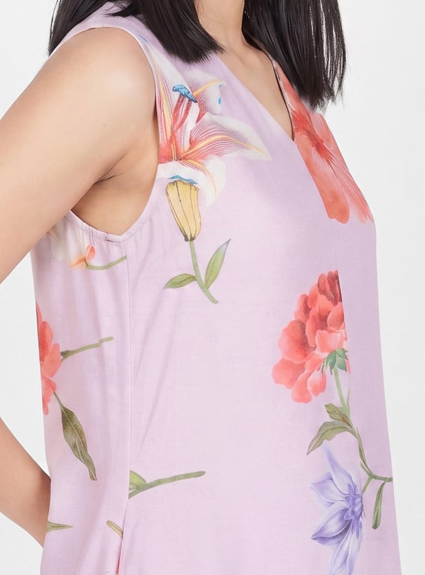 MELANGE Floral Print V-Neck Midi Dress