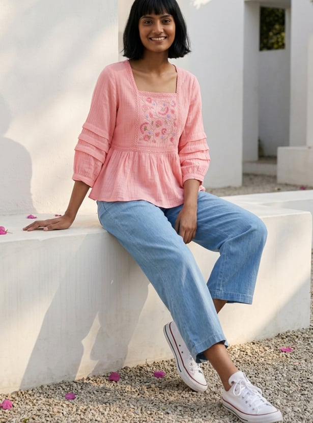 COLOUR ME BY MELANGE Embroidered Peplum Top
