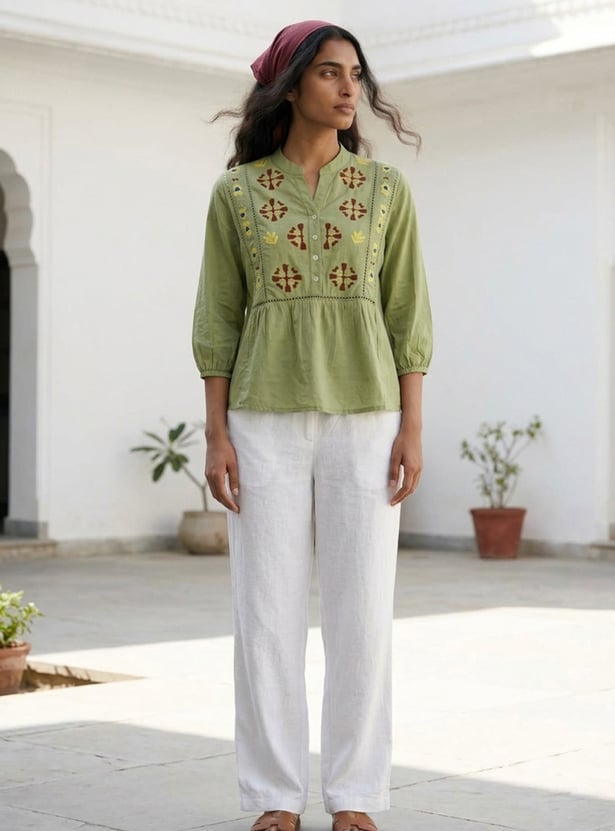 COLOUR ME BY MELANGE Embroidered Band Collar Top