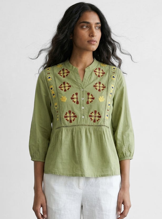 COLOUR ME BY MELANGE Embroidered Band Collar Top