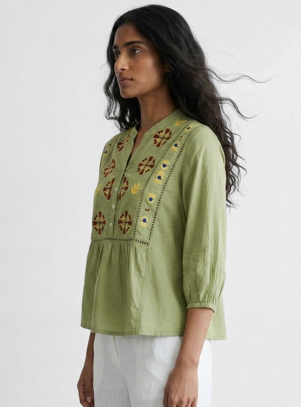 COLOUR ME BY MELANGE Embroidered Band Collar Top